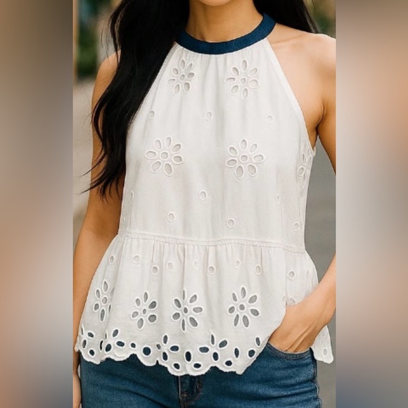 J. Crew Tops - J. Crew Eyelet Mockneck Halter Tank Peplum Ruffle Top White Navy sz M